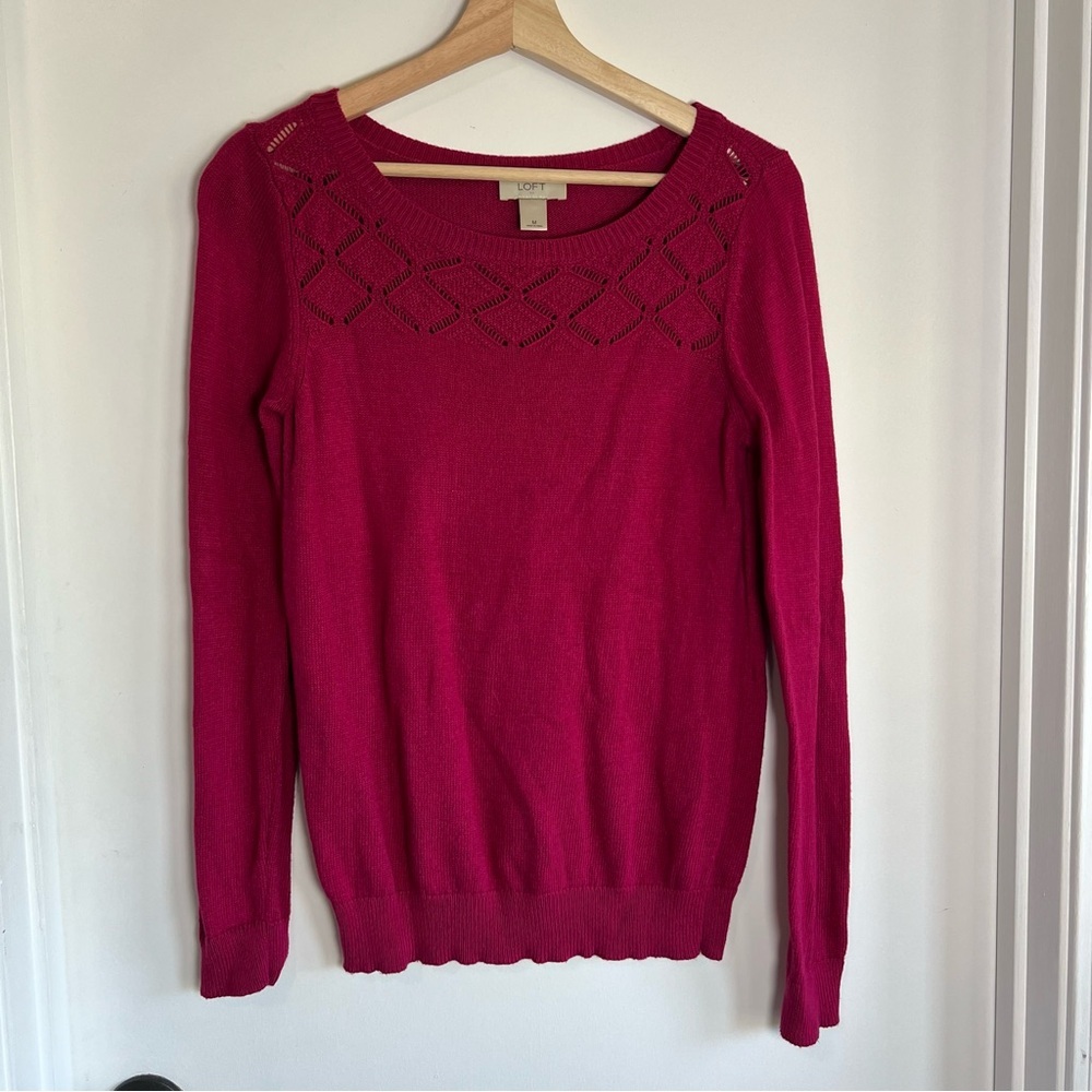 Loft Magenta Pink‎ Crotchet Knit Long Sleeve Sweater, Size Medium